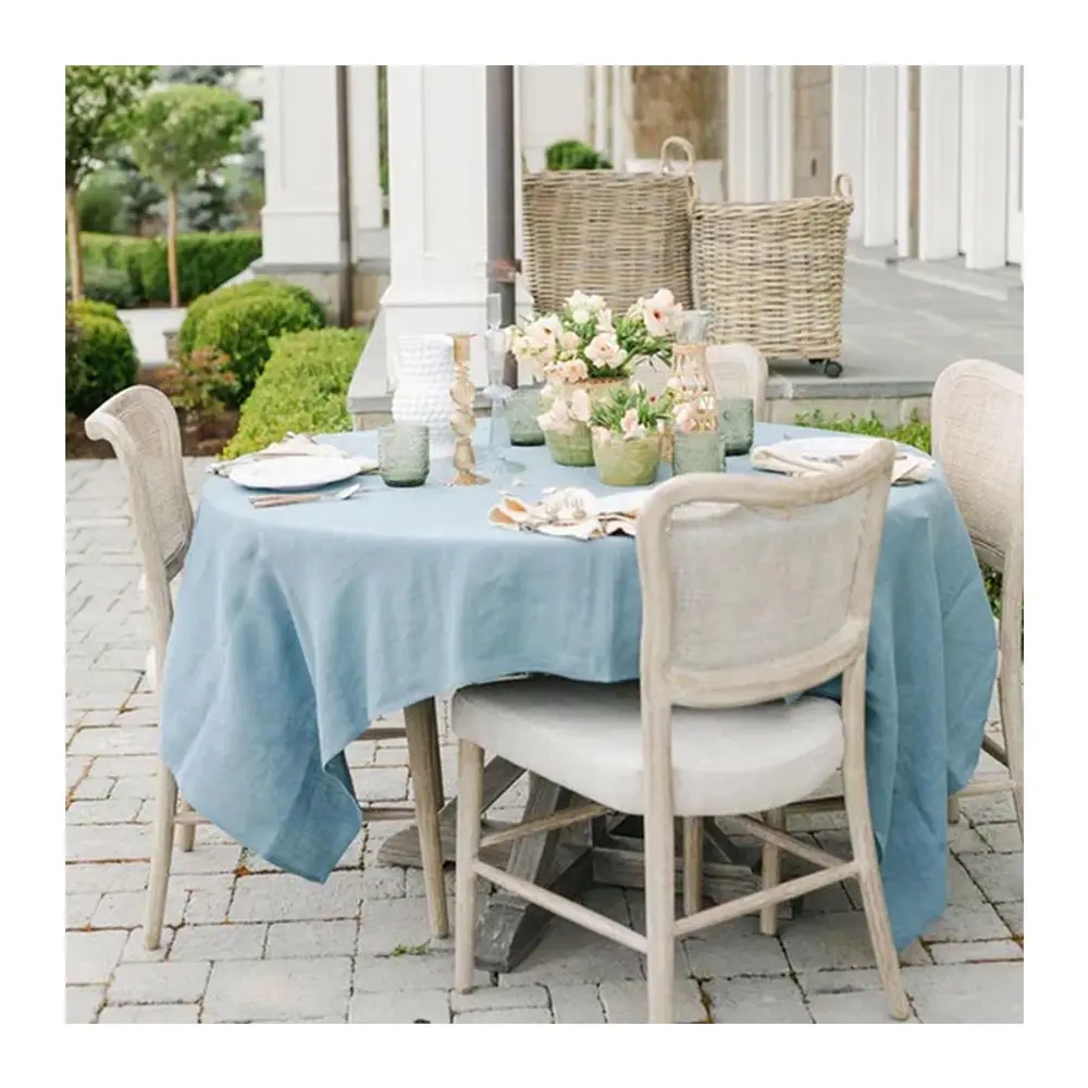 Wholesale elegant simple round table cloth blue linen table cloth for wedding party decoration