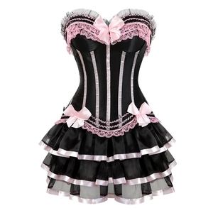 Robe corset sexy à rayures pour femmes, satin, nœud, dentelle, taille cintrée, bustier, lingerie, haut avec jupe tutu en maille, ensemble grande taille - Product Image 2