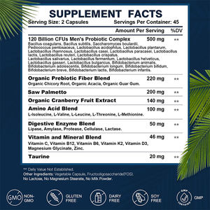 Etiqueta privada 90 cápsulas de probióticos veganos para hombres Suplemento de salud digestiva Enzimas digestivas Saw Palmetto Cranberry Adultos - Product Image 2