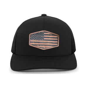 Casquette de camionneur OEM 112 unisexe personnalisée drapeau américain en cuir Patch Logo 6 panneaux Casquette de sport de plein air réglable à dos en maille respirante - Product Image 3