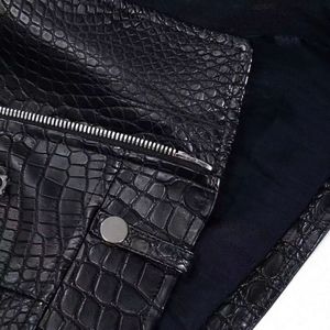 Veste de moto en cuir de crocodile noir pour homme, coupe ajustée, col ouvert, fermeture éclair, manches longues, vêtements d'extérieur pour l'hiver et l'automne - Product Image 2