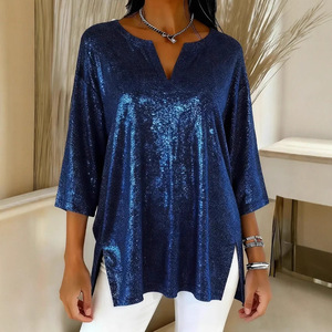 Camiseta Brillante con Cuello en V para Mujer, Camiseta Metálica Brillante para Fiesta, Lista para Enviar - Product Image 5