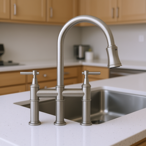 Robinet mélangeur de cuisine en acier inoxydable à 2 poignées, à poser sur comptoir, avec douchette extractible, style traditionnel - Product Image 2
