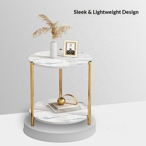 <span class=keywords><strong>Tavolino</strong></span> Laterale Rotondo di Lusso a Doppio Strato, <span class=keywords><strong>Tavolino</strong></span> da Caffè con Vano Portaoggetti per <span class=keywords><strong>Divano</strong></span> in Soggiorno, Struttura in Metallo Dorato con Finto Marmo - Product Image 3