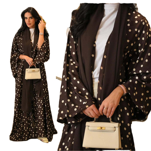 Dubai Abaya Factory Luxury Eid Islamic Muslim Women Dress Modest Kimono Polka Dots Open Dress Scarf Set Polyester - Product Image 1