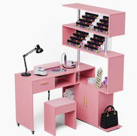 Table de manucure bureau à ongles en forme de L avec tabouret et collecteur de poussière et armoire à tiroirs poste de travail de manucure réversible rotatif sur roues
