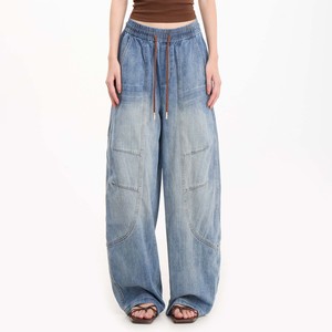 <span class=keywords><strong>Pantaloni</strong></span> Cargo Tattici da Uomo in Denim Blu Chiaro Vintage <span class=keywords><strong>con</strong></span> Vita Elastica e Coulisse Marrone, Gamba Larga e Curva, Vendita all'Ingrosso - Product Image 1