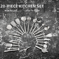 Ensemble d'ustensiles de cuisine écologiques en acier inoxydable de 20 pièces, kit d'outils de cuisson durables, louche, fouet, lavage à la main uniquement