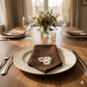 Cotton Napkin with Floral Embroidery | Brown Textured Cotton Dinner Napkin | Premium Decorative Table Napkin for Home - Product Image 3