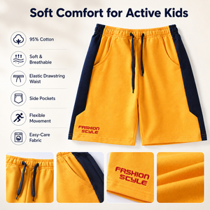 Shorts de sport pour enfants 95 % coton, colorblock, taille élastiquée, décontractés, athlétiques, pour garçons, école, été, vente en gros OEM - Product Image 4