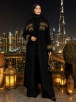 Ensemble Abaya 3 Pièces Personnalisé ODM pour Femme, Noir et Or, Tricot Fair Isle, Col Roulé, Pantalon Palazzo, Mode Modeste, Vente en Gros OEM Golfe