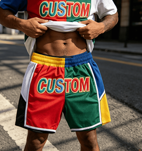 Novedad: Shorts de tela de lana peinada transpirable estilo vintage personalizados con patchwork de colores contrastantes para hombre, servicio OEM - Product Image 4