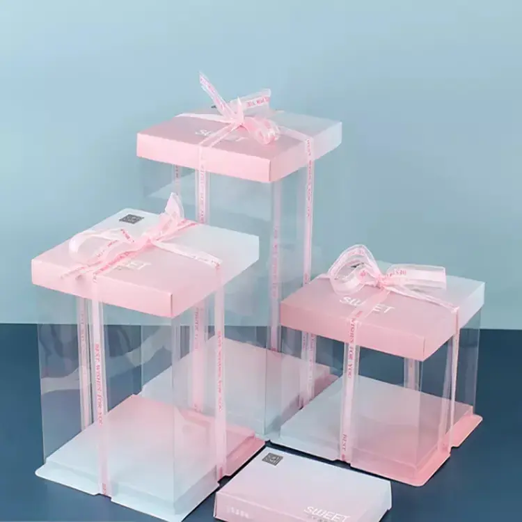 Scatola per torte trasparente alta scatola di plastica personalizzata all'ingrosso di compleanno di lusso per ospiti pop, scatola per torta personalizzabile