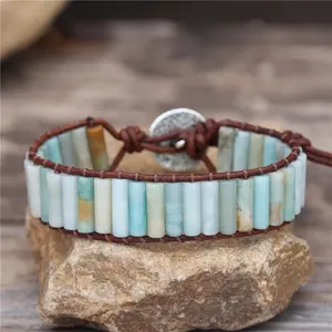 Creative Women Natural Amazonite Stones Woven Leather Wrap Bracelet Adjustable Bohemian Statement Jewelry Wholesale Dropshipping