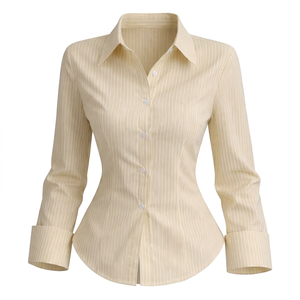 Camisa de Mujer a Rayas con Botones, Manga Larga, Cuello Clásico, Corte Clásico, Blusa de Algodón Popelina para Oficina - Product Image 1