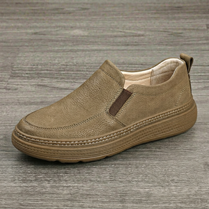 <b>Men</b> Genuine Cow Leather Solid Round Toe Slip-On Casual <b>Shoes</b> 4Cm <b>Heel</b> Comfort Walking Style - Product Image 1