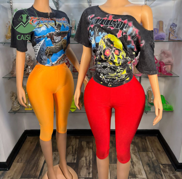 New Y2K 2 Piece Set Women Washed Cotton Graphic Printed Tee T-shirt and Shorts Casual Fashion Women Two Piece Sets Streetwear
