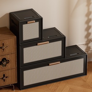 Modular Storage <b>Cabinet</b> 3 Compartments Black Rattan Door Living Room Bedroom Use - Product Image 2