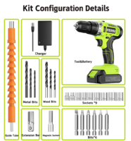 Perceuse sans fil 21V, kit 28 pièces, vitesse variable 1350 tr/min, couple 28 Nm, mandrin sans clé 3/8 po avec embouts et douilles