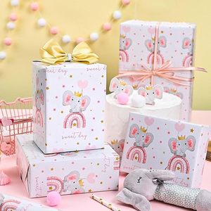 Papier d'emballage original en papier calque rose à motif étoiles et éléphant mignon pour fête d'anniversaire d'enfant et baby shower - Product Image 4