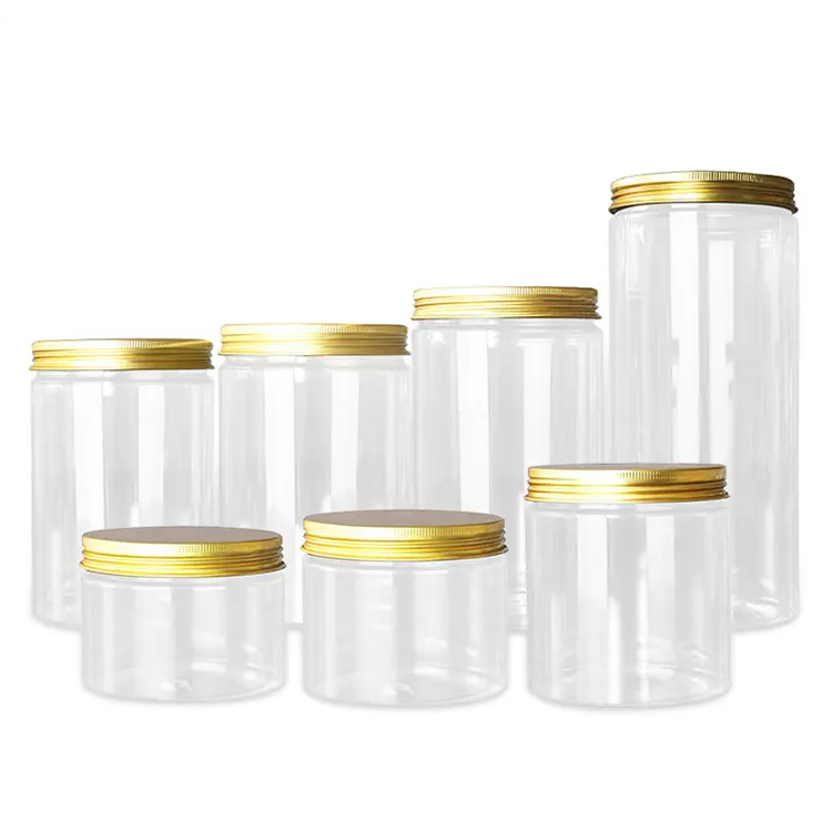 BPA Miễn Phí Vòng Cấp Thực Phẩm Trong Suốt Rộng Miệng 50 80 100 120 150 200 250 300 350 500 400 Pet Nhựa Jar Với Nắp Nhôm