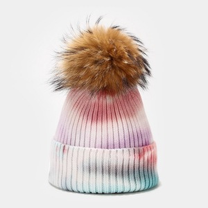 Hiver Femmes Enfants Toddler Tie Dye Real Fur Pom Pom Knit Hat Fisherman Tie-dye Beanie With Amovible Pompom - Product Image 2