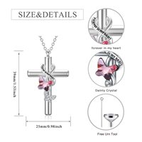 Collier urne en argent sterling 925 avec cristal rose en forme de papillon et de croix pour cendres, bijoux de crémation