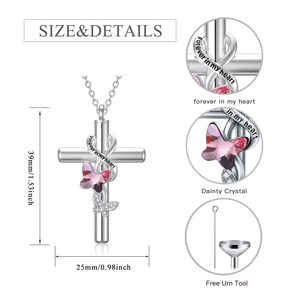 Collier urne en argent sterling 925 avec cristal rose en forme de papillon et de croix pour cendres, bijoux de crémation - Product Image 2