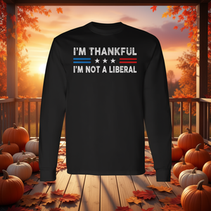 Estoy agradecido por no ser un liberal, camiseta de manga larga con bandera de EE. UU. para el Día de Acción de Gracias, cuello redondo unisex para adultos - Product Image 3
