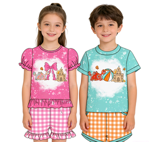 Conjunto de 2 Piezas de Ropa para Niños, Pantalones Cortos de Verano Casuales con Estampado de Castillo de Playa, de Algodón y Elastano Transpirable, para Niñas y Niños - Product Image 1