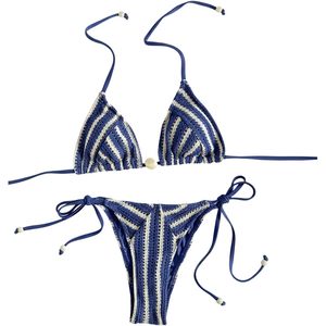 FOXA Ensemble bikini rayé pour femme, maillot de bain 2 pièces en crochet, triangle, dos nu, à nouer sur les côtés, extensible, pour la plage - Product Image 1