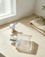 Flacon de parfum de luxe en verre carré plat de 28 ml avec capuchon pulvérisateur argenté, flacon vide pour parfum de marque