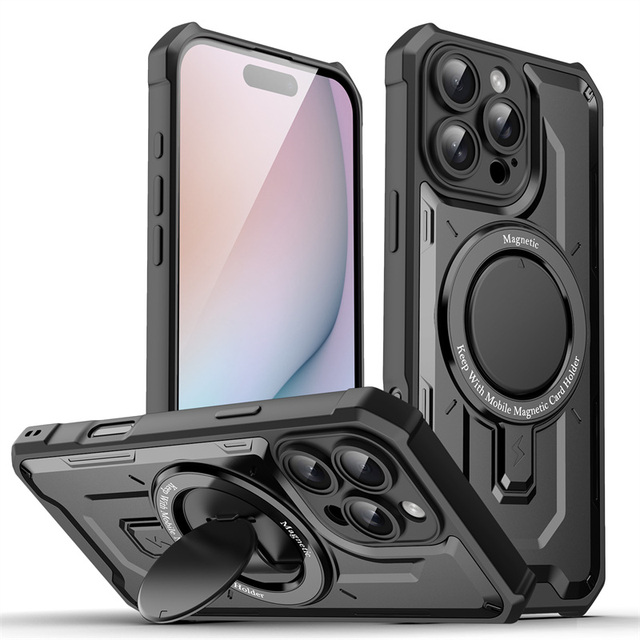 Magnetic Rugged Phone Case for iPhone 16 15 14 13 12 11 Pro Max Plus Invisible Stand Dual Layer Protective Kickstand Hard Cover