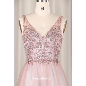 现代粉色晚礼服刺绣珠子天然长v领背透拉链防静电婚礼派对伴娘礼服 - Product Image 4