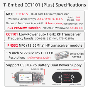บอร์ดพัฒนา LILYGO T-Embed CC1101 ESP32-S3 ตัวรับส่งสัญญาณ RF ความถี่ต่ำ Sub-1 GHz กำลังไฟต่ำ พร้อมโมดูล PN532 NRF24L01 NFC แบตเตอรี่ 1300mAh T-Embed CC - Product Image 6