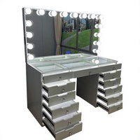 Miroir de coiffeuse de salon de beauté en pin à panneau unique, design réglable, éclairage LED lumineux, grand rangement, pour salon de coiffure
