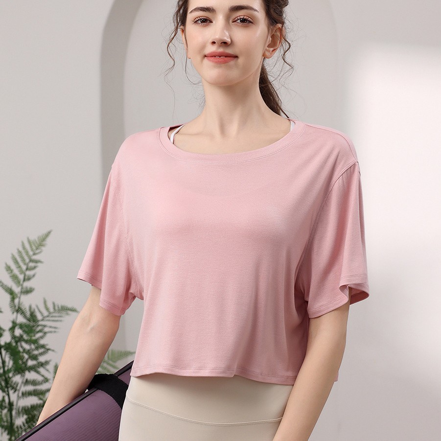 Breathable Lyocell Solid Loose Blouse Yoga Wear Women's Pilates Fitness Sports T-Shirt Running Training Short-Sleeve Top Summer