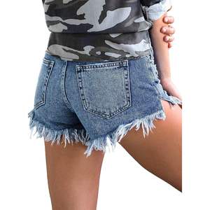 2025 pantalones cortos de mezclilla informales para mujer (2 uds) tiro medio + cintura alta azul medio ajustado recto estilo estampado botón borla - Product Image 5