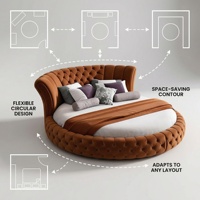 Lit double rond rembourré en velours personnalisé, cadre en bois massif, brun caramel, pour chambre à coucher et hôtel