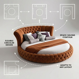 Cama Redonda Dupla Estofada em Veludo Personalizada, Estrutura de Madeira Sólida, Marrom Caramelo, para Quarto e Hotel - Product Image 4