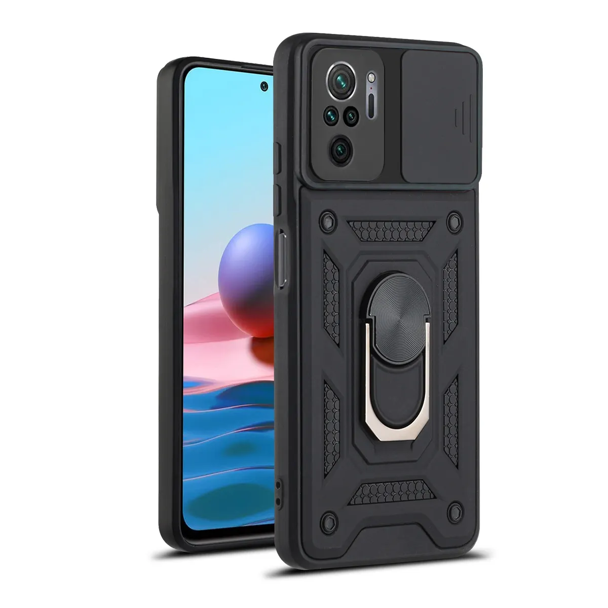 In Stock Hot Selling Good Quality PC + TPU Back Cover Case with Finger Ring Kickstand and Slide Camera Cover, and Magnetic Iron.