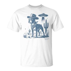 เสื้อยืดลายบอสตัน เทอร์เรียร์ สำหรับคุณพ่อคุณแม่คนรักสุนัข  ตกแต่งด้วยธีมคาวบอยและยูเอฟโอ - Product Image 1