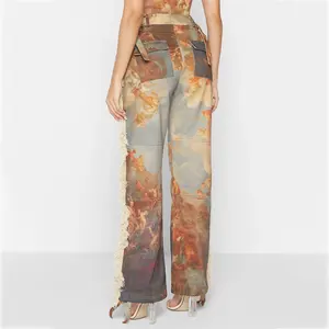 Custom High Quality Wholesale Renaissance Tapestry Print Relaxed Multi Art Tassels Cargo Pants For Women