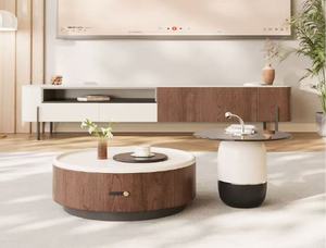 Modern <b>Round</b> Coffee <b>Table</b> Set Wood and Glass Top Minimalist Design Living Room Furniture with Storage <b>White</b> Black Finish - Product Image 6
