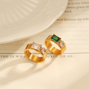 Fashion <b>Rings</b> Geometric Shape 18k Gold Plated <b>Titanium</b> Steel With Diamonds Green White Diamond Prong Setting Unisex Gift Jewelry - Product Image 3