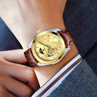 TIANNBU 1106 Montre mécanique automatique pour homme, phase soleil-lune, squelette, bracelet en cuir véritable, montre-bracelet masculine tendance, vente en gros