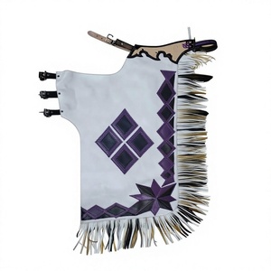 Pantalones de cuero estilo western con patrón geométrico morado y flecos para equitación - Product Image 1