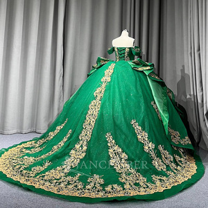 Robe de bal vert Lsmu182 longue jusqu'au sol, style Quinceañera, avec traîne chapelle, en satin moderne et dentelle imprimée, pour adolescentes Jancember - Product Image 2