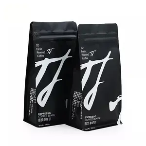 Pochette debout imprimée personnalisée blanc noir thermoscellable fond plat mat 8 côtés soufflets poudre de grains de café mylar sac