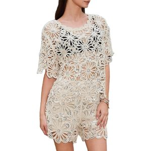 Custom 2026 Crochet Cover Up <b>Set</b> Loose Fit <b>Square</b> Neck Short Sleeve Hollow Out Beachwear Summer Vacation Outfits 2 Piece - Product Image 1
